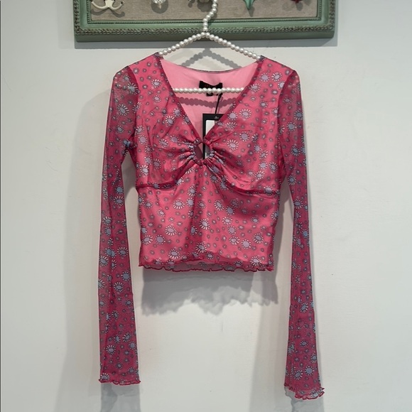 Delia‘s mesh Floral Pink Long Sleeve Crop Top large new w tags - Picture 1 of 7